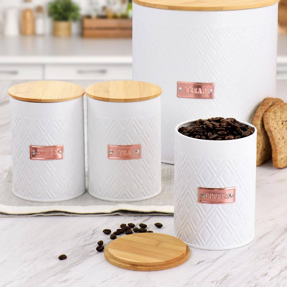 White Diamond Pattern Iron Canister Set with Bamboo Lids