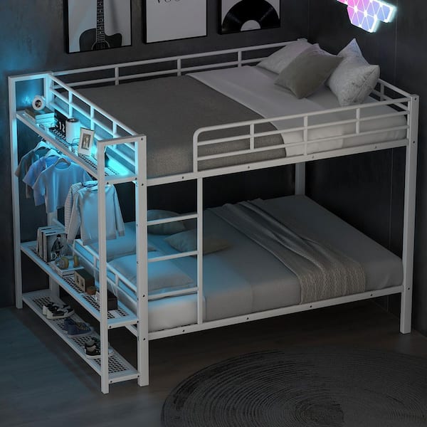 White Full over Full Metal Bunk Bed with Storage Mesh Shelves, Clothes Hooks, LED Light