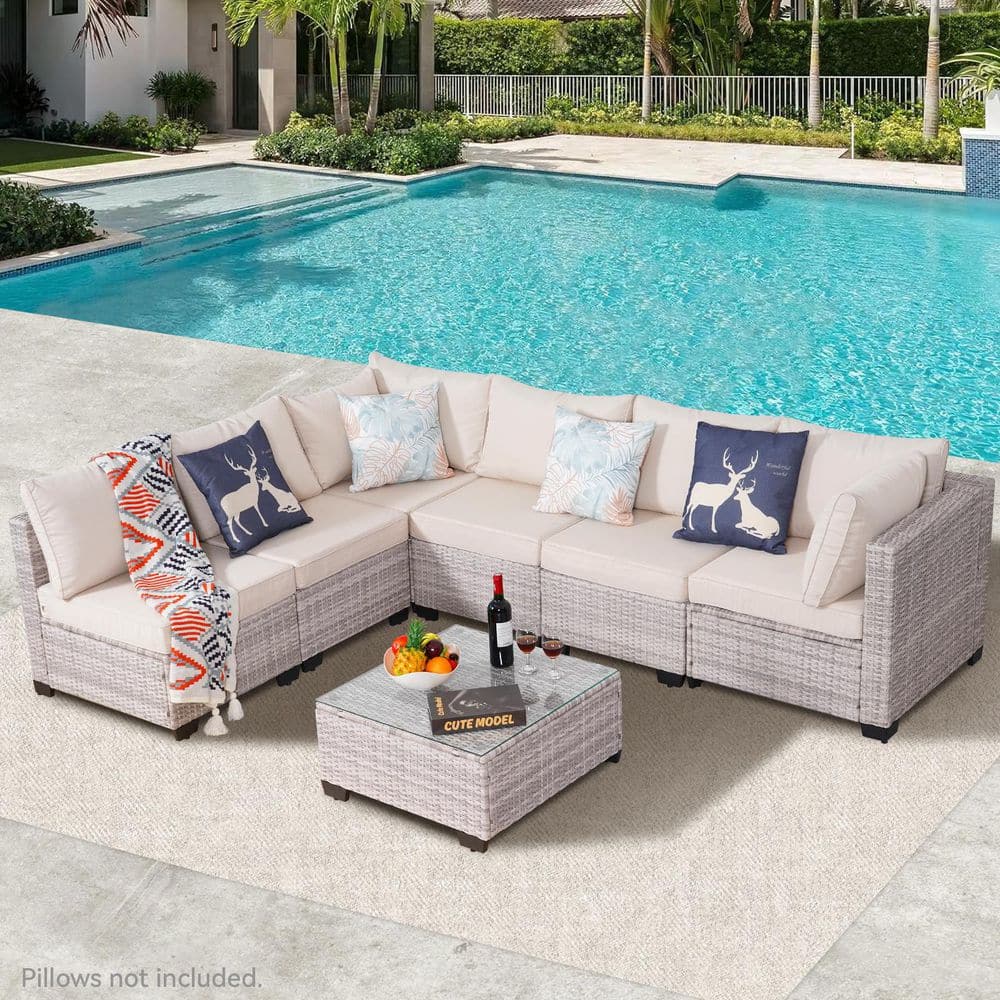 7-Piece Gray Wicker Patio Conversation Set with Beige Cushions H1G-646 ...
