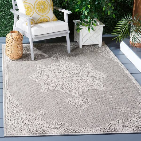 Global Gray/Ivory 8 ft. x 10 ft. Ornate Border Medallion Indoor/Outdoor Area Rug