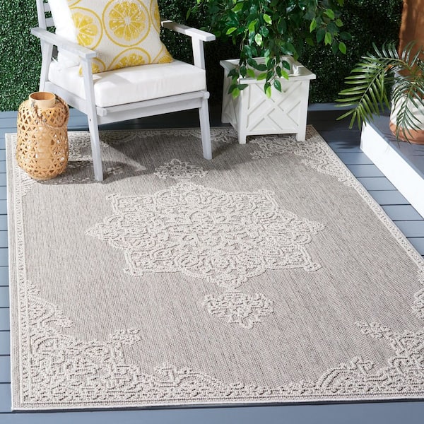 Global Gray/Ivory 9 ft. x 12 ft. Ornate Border Medallion Indoor/Outdoor Area Rug