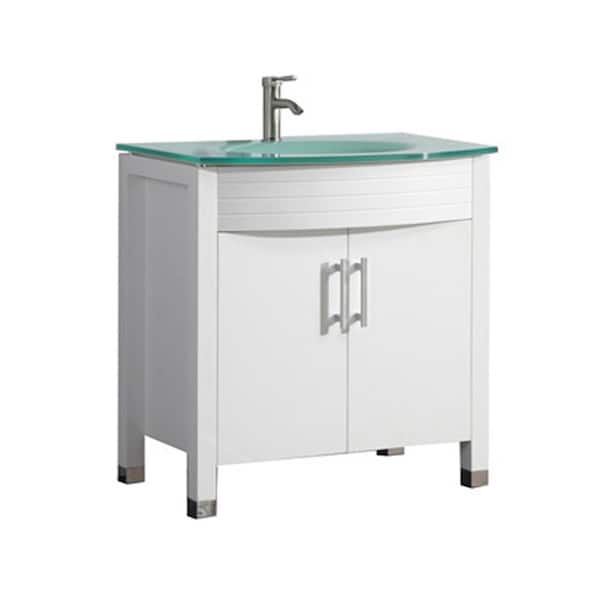MTD Vanities Fort 32 in. W x 21 in. D x 36 in. H Bath Vanity in White with Aqua Tempered Glass Vanity Top with Glass Basin