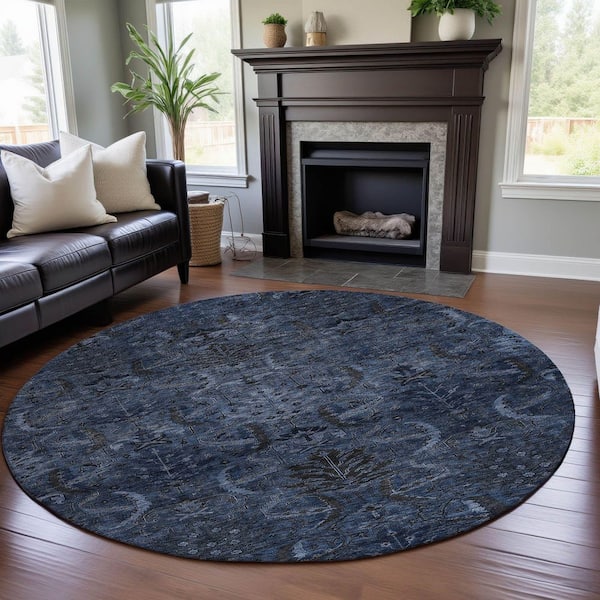 Mayfield Premium Machine Washable Abstract AMF1082 Navy 8 ft. x 8 ft. Round Rug
