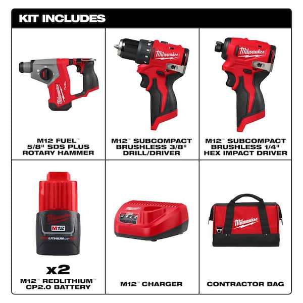 M12 FUEL 12V Lithium-Ion Brushless Cordless 5/8 in. SDS-Plus Rotary Hammer Drill, &Drill Impact Driver Kit