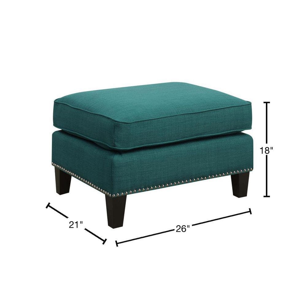 Transitional Tufted Teal Ottoman with Nail Head Trim