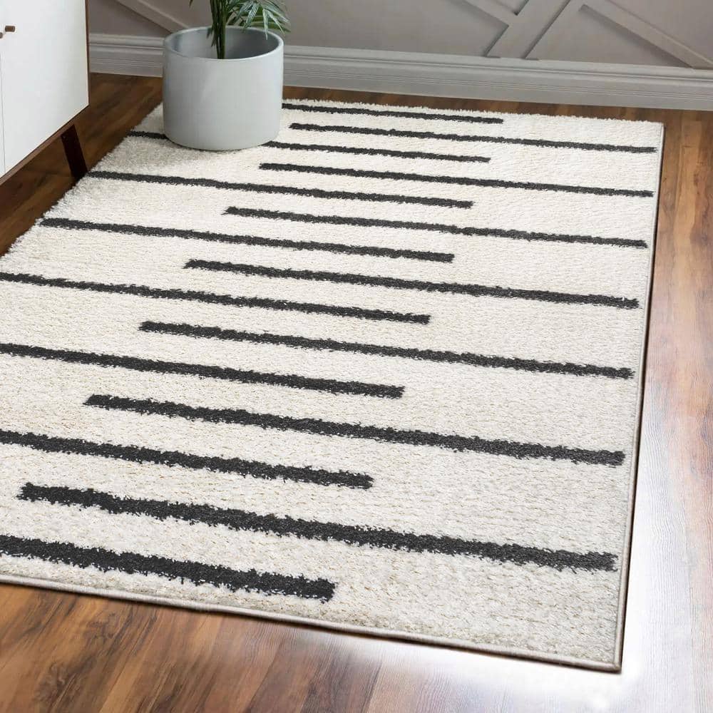 Alaro White and Gray Striped Shag Area Rug