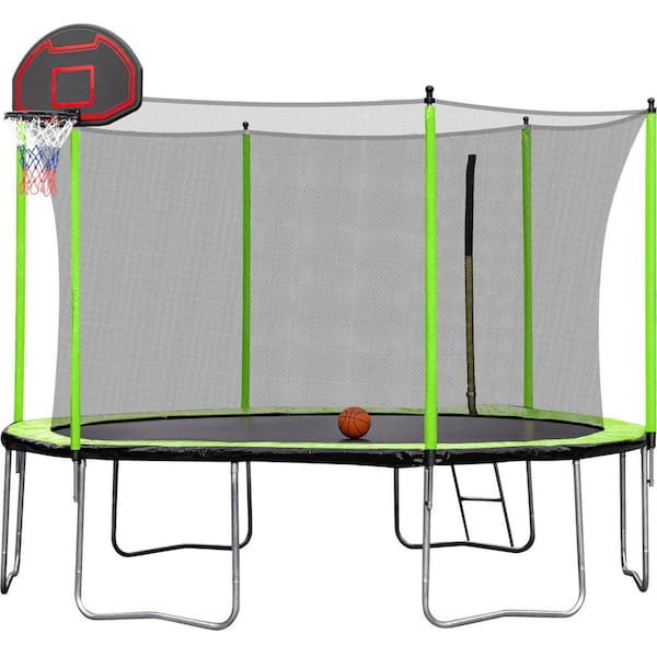 maocao hoom 12 ft. Round Backyard Trampoline with Safety Enclosure, Basketball Hoop and Ladder in Green