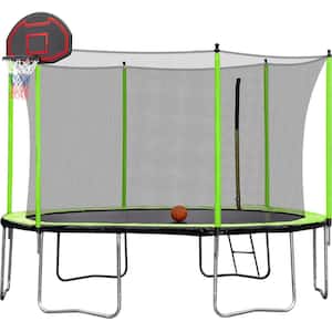 14 ft. Round Backyard Trampoline with Safety Enclosure, Basketball Hoop and Ladder in Green