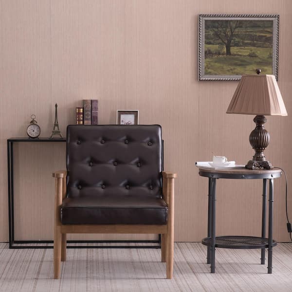 Winado 26 in. Mid-Century Modern Brown Faux Leather Arm Chair