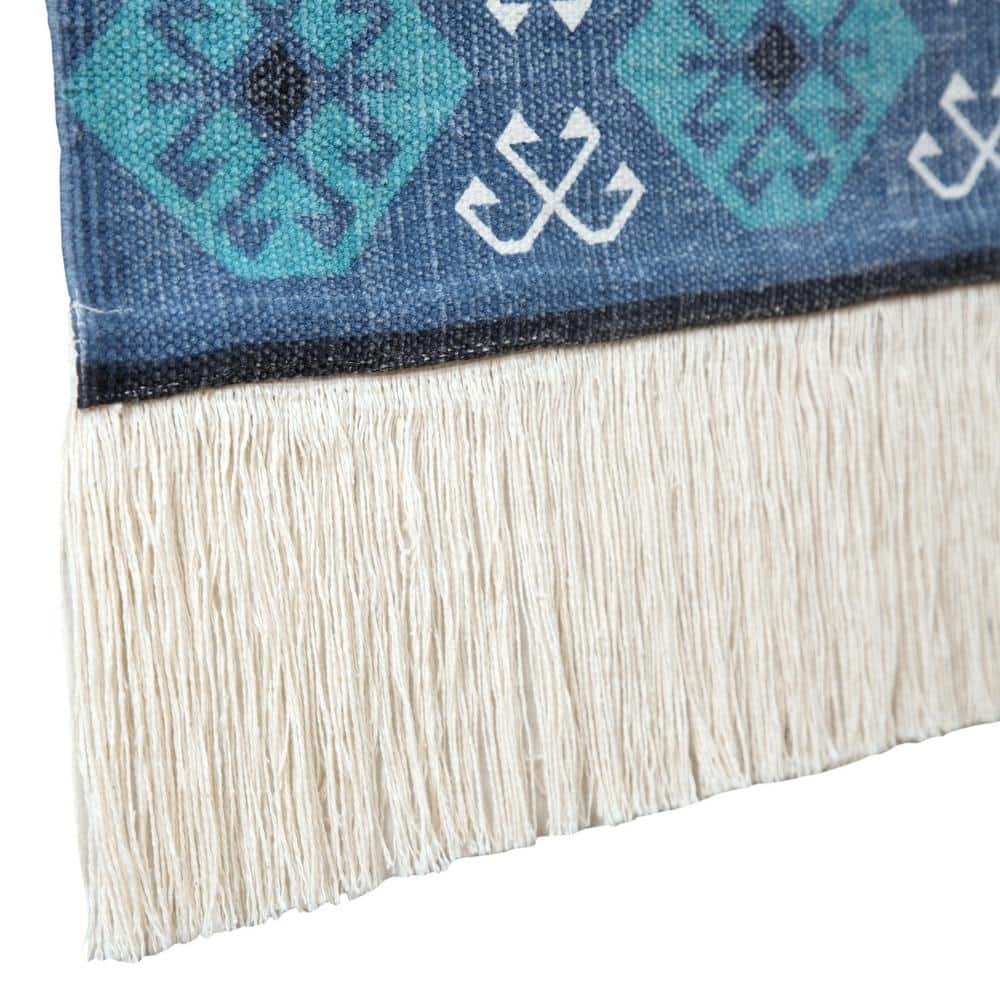 Blue and White Cotton Aztec Fringe Wall Hanging, 25.5"