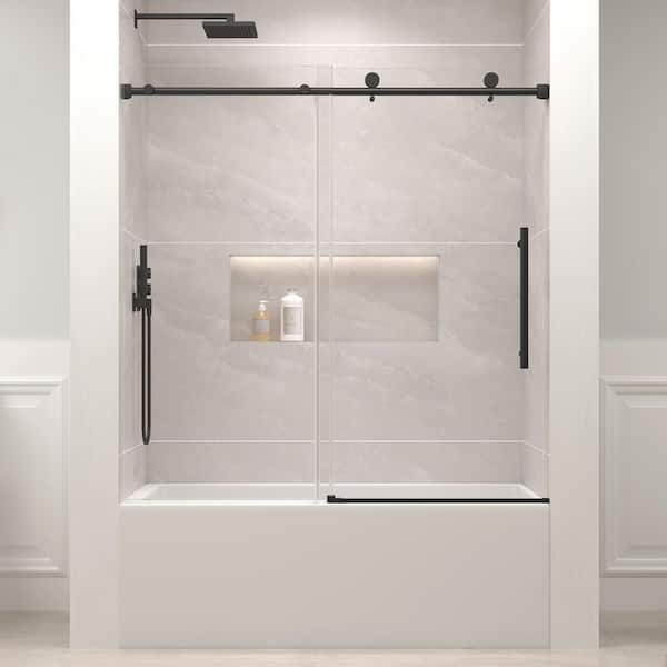 EASYWORC 55-60 in. W x 60 in. H Frameless Sliding Bathtub Door in Matte Black with Clear Glass