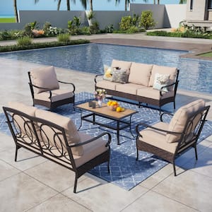 Black Rattan 7 Seat 5-Piece Steel Outdoor Patio Conversation Set with Beige Cushions & Table with Wood-Grain Top