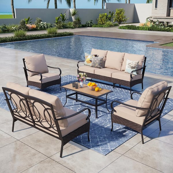 PHI VILLA Black Rattan 7 Seat 5-Piece Steel Outdoor Patio Conversation Set with Beige Cushions & Table with Wood-Grain Top
