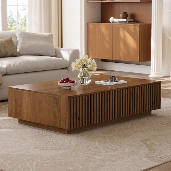 Farmhouse 47.2 in. Walnut Finish Rectangle MDF Wood Storage Coffee Table with Drawers