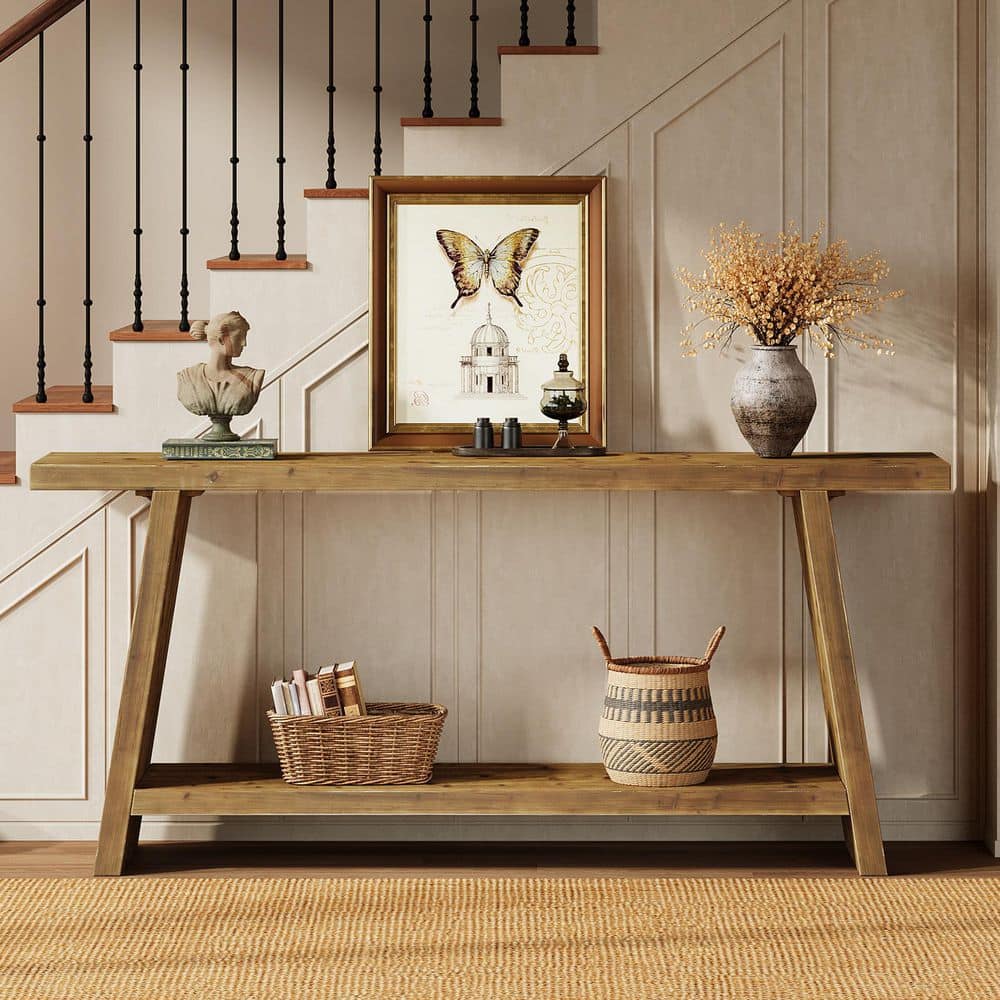 70.9 in. Brown Rectangle Solid Wood Console Table with 2-Tier Shelves for Hallway, Entryway price history on PriceWatchPro