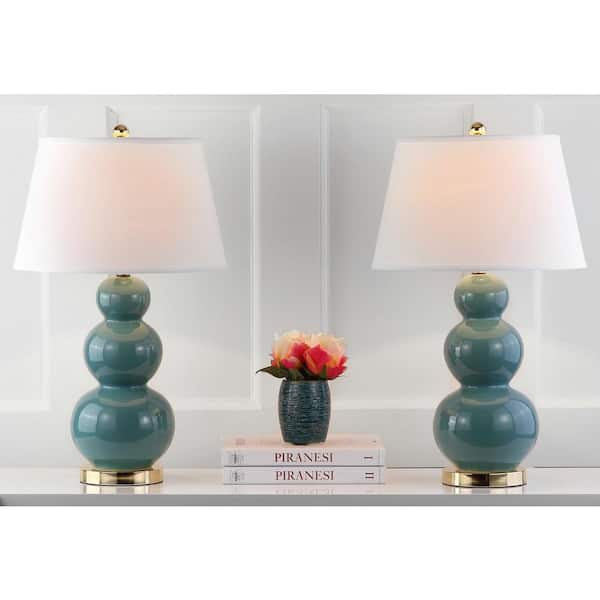 SAFAVIEH - Pamela 27 in. Marine Blue Triple Gourd Ceramic Table Lamp with Off-White Shade (Set of 2)