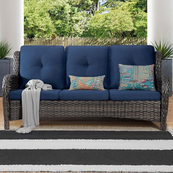 3-Seat Wicker Outdoor Patio Sofa Sectional Couch with Blue Cushions