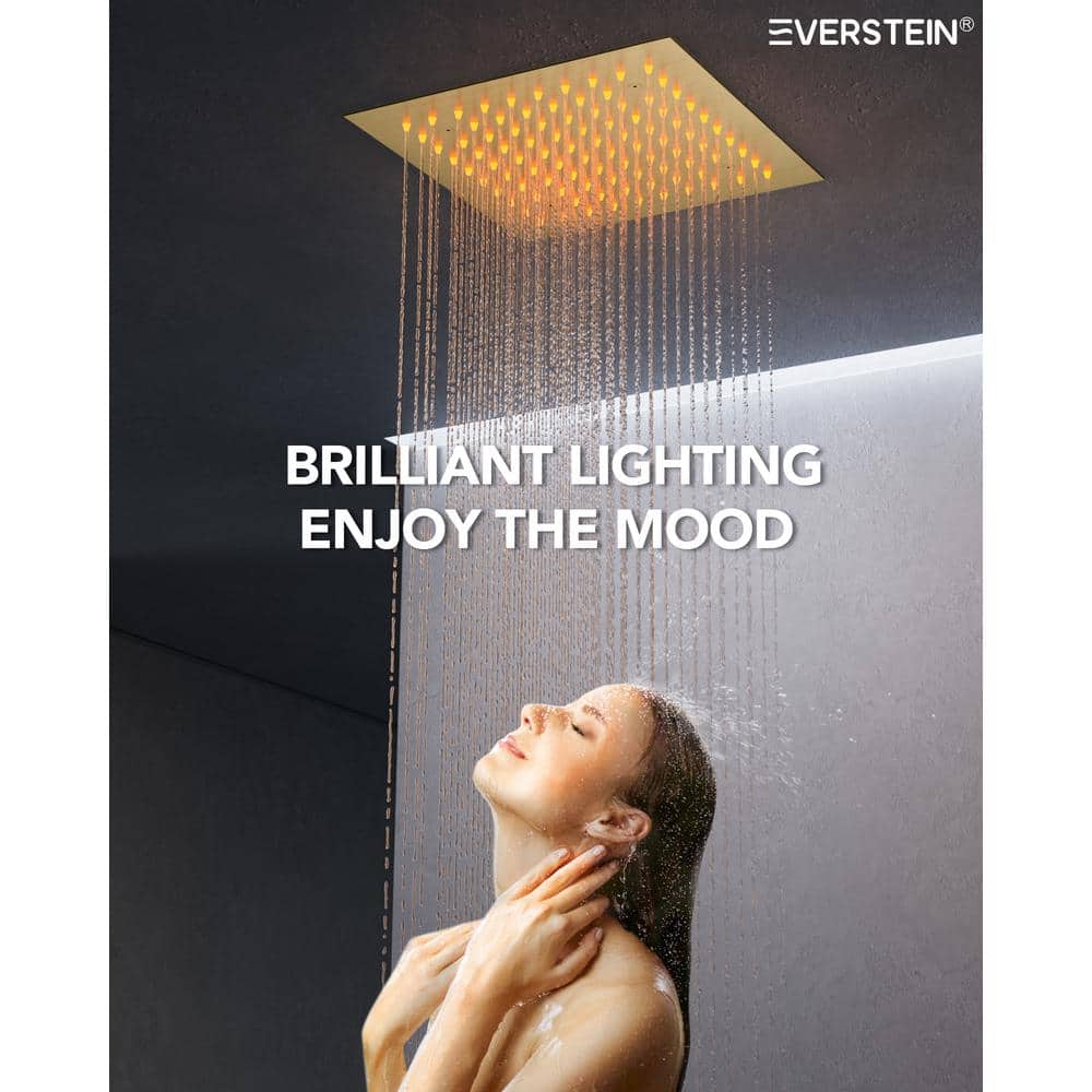 Brushed Gold LED Thermostatic Shower System with 12" Rainfall Head and Body Jets