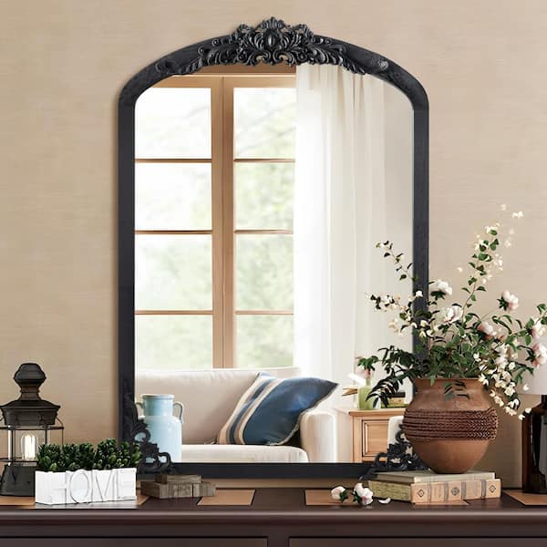 PexFix 24 in. W x 36 in. H Classic Arched Solid Wood Framed Wall Mirror in Black