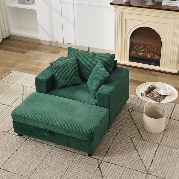 Pryden Modern 43 in. Green Corduroy Upholstered Twin Size Sofa Bed Square Armchair with Storage Ottoman, Pillows
