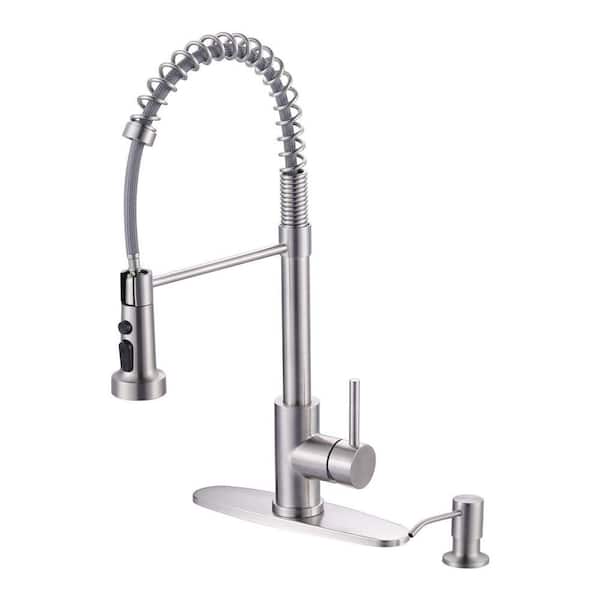 20.3 in. Single Handle Pull Down Kitchen Faucet with Soap Dispenser and 360° Spout Swivel in Brushed Nickel