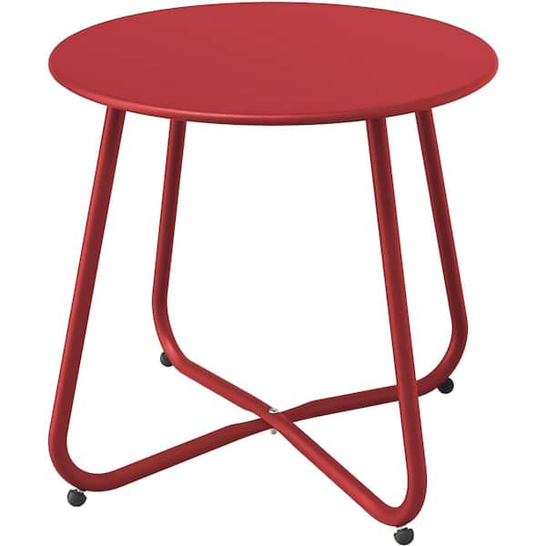Boyel Living Round Metal Outdoor Side Table with Zinc-Coated Tabletop and Adjustable Feet in Red