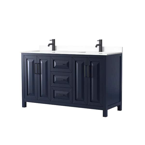 Wyndham Collection Daria 60 in. W x 22 in. D x 35.75 in. H Double Bath Vanity in Dark Blue with White Cultured Marble Top
