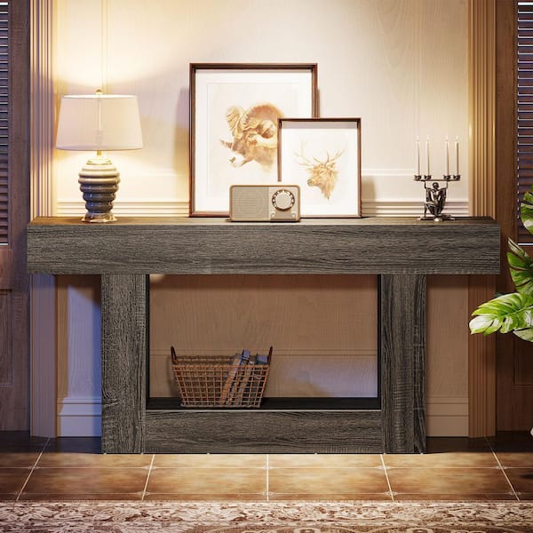 BYBLIGHT 63 in. Black Rectangle Wood Console Table, Farmhouse 2-Tier Entryway Table with U-Shaped Base for Living Room