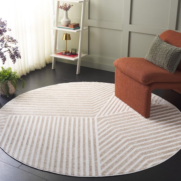 Maya 7 ft. x 7 ft. Ivory Geometric Striped Round Area Rug