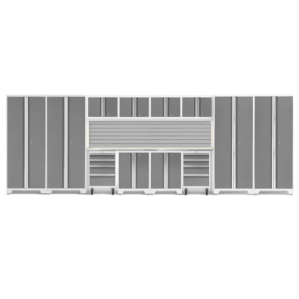 NewAge Products Bold Series 216 in. W x 76.75 in. H x 18 in. D 24-Gauge Steel Garage Cabinet Set in Platinum (14-Piece), Platinum Silver