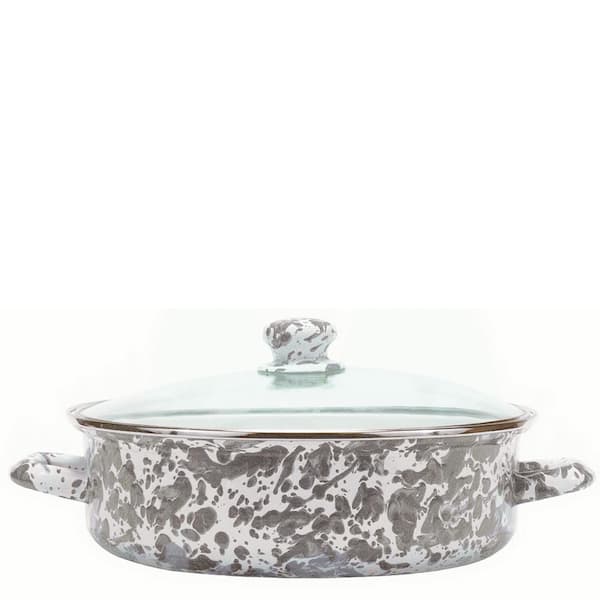 Golden Rabbit Enamelware 3 qt. Porcelain-Coated Steel Saute Pan in Grey Swirl with Glass Lid