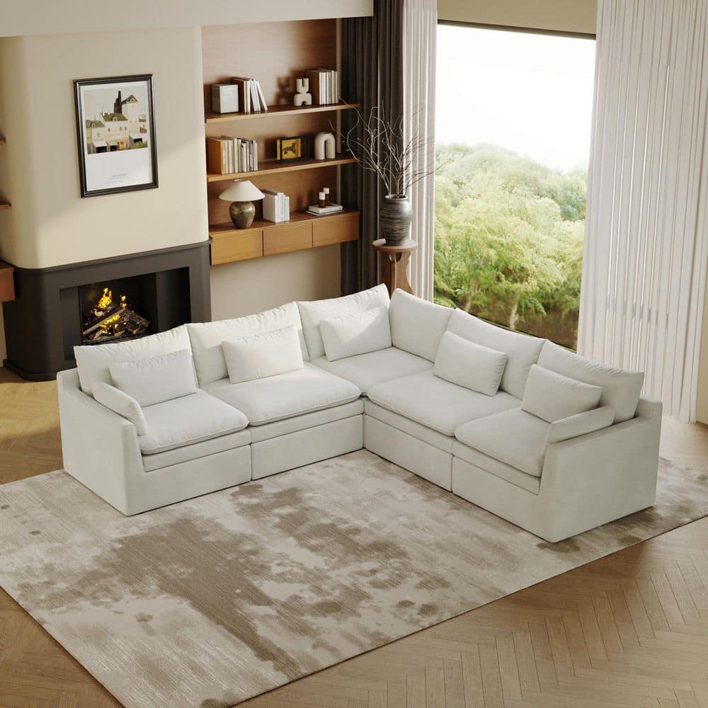 117 in. W Sloped Arm Polyester Upholstered Reconfigurable Modular Corner Sectional Sofa with Removable Covers in White