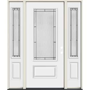 60 in. x 80 in. Left-Hand 3/4 Lite Decorative Glass Wendover Modern White Fiberglass Prehung Front Door w/Sidelites