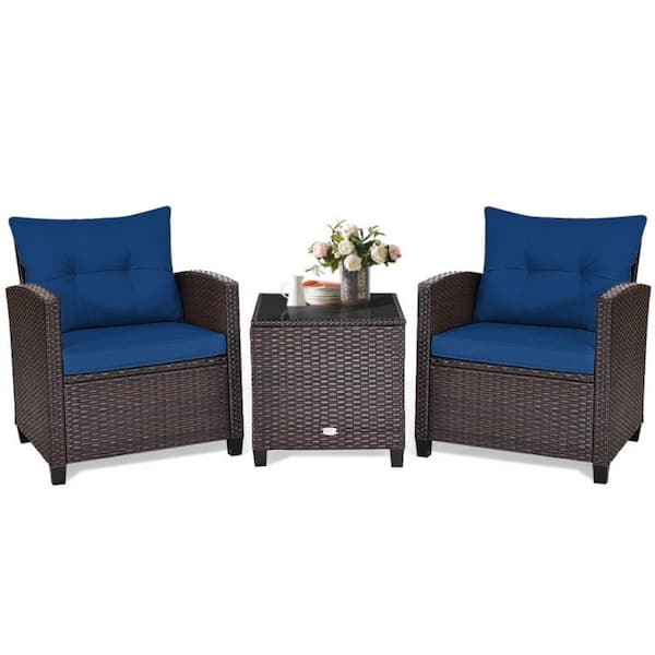3-Piece Wicker Patio Conversation Set Rattan Furniture Set with Navy Washable Cushion