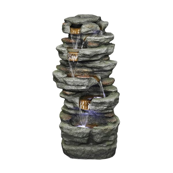 Unbranded Serga 33 in. Outdoor Tiered Fountain Resin Rockery With LED