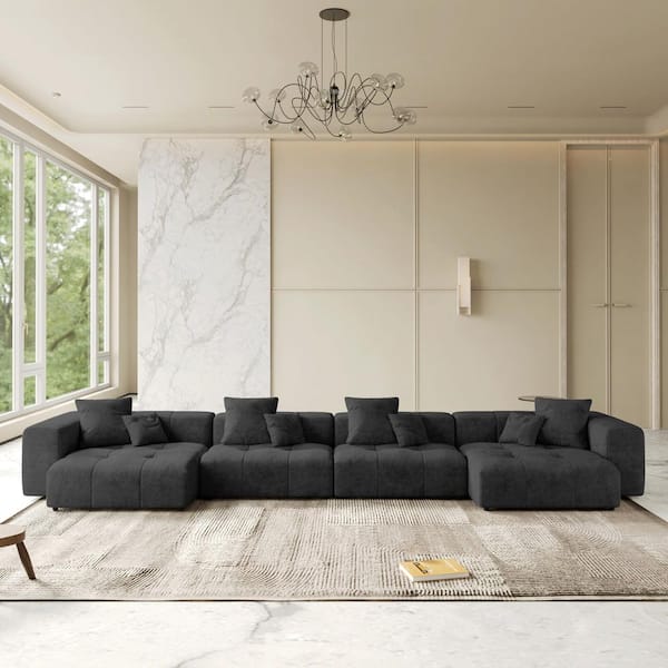 183 in. Oversized Square Arm Linen Rectangle Modular Sectional Sofa 4-Seater in Black