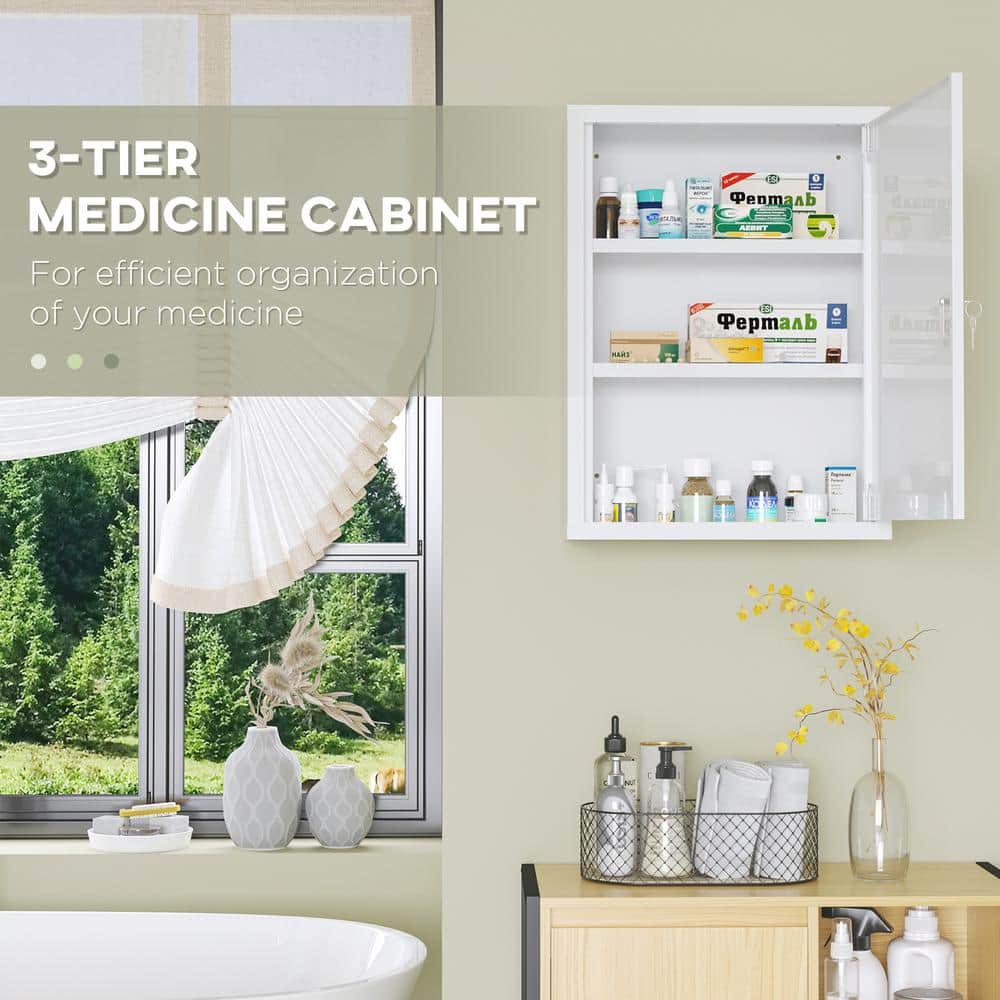 White Steel Wall-Mounted Lockable Medicine Cabinet with 3 Tiers