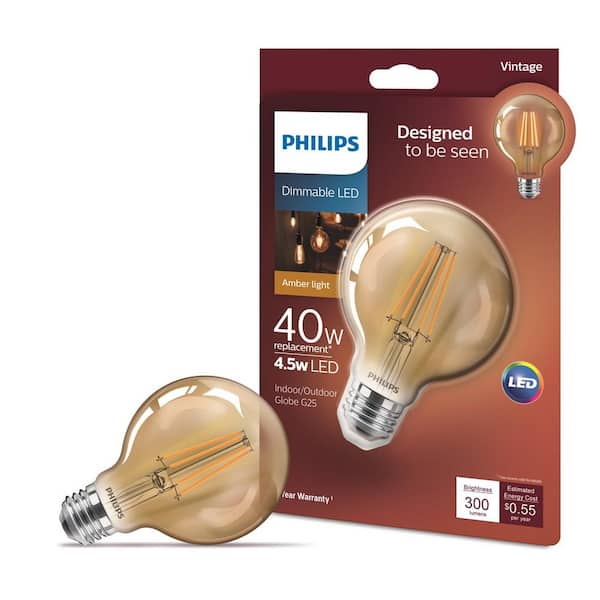 domesticeren Ringlet Ezel Philips 40-Watt Equivalent G25 Dimmable Vintage Glass Edison LED Globe  Light Bulb Amber Warm White (2200K) 470419 - The Home Depot