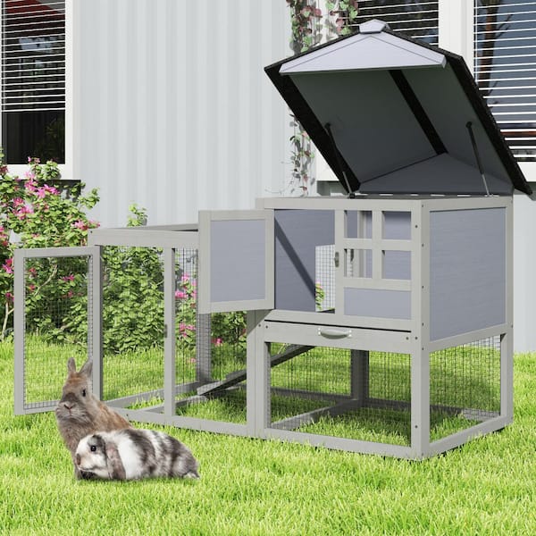 2-Story Wood Rabbit Hutch Cage with Ramp Peaked Roof