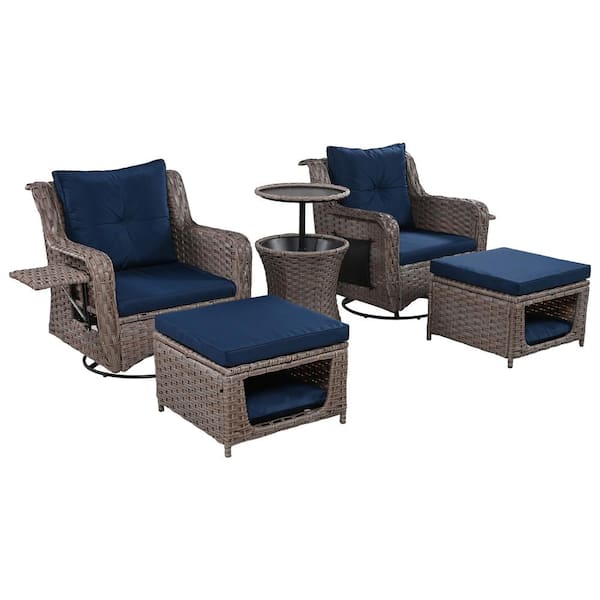 Unbranded 5-Piece Handwoven Rattan Wicker Patio Conversation Set Swivel Rocking Chairs Set with Navy Blue Cushions and Ottomans