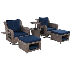 5-Piece Handwoven Rattan Wicker Patio Conversation Set Swivel Rocking Chairs Set with Navy Blue Cushions and Ottomans