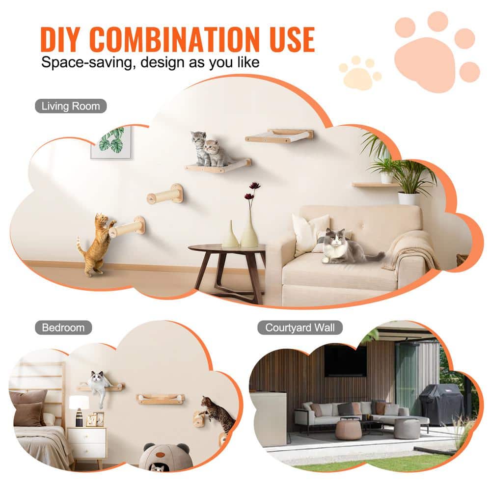Natural Oak Wall Mounted Cat Shelves with Hammocks and Posts