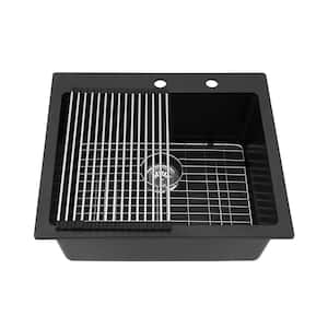 Loile 25 in. L Drop In Single Bowl Black Granite Composite Kitchen Sink with Grid, Strainer Basket and Drying Rack