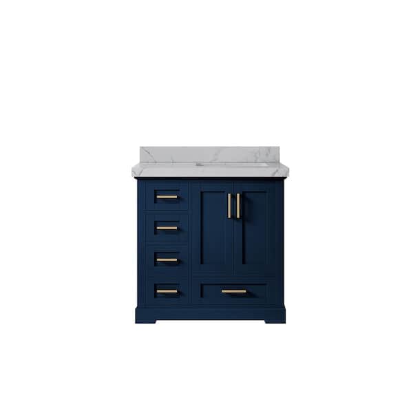 Willow Collections Boston 36 in. W x 22 in. D x 36 in. H Right Offset Single Sink Bath Vanity in Navy Blue with 2 in. Venatino qt Top