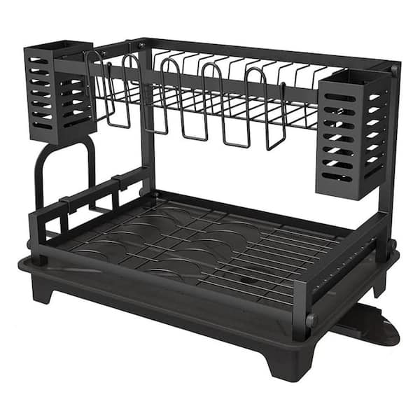 Stainless Steel 2 Tier Dish Drying Rack with Drainboard Utensil Holders Large Capacity Kitchen Organizer