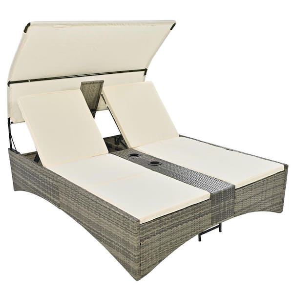 Sudzendf Metal Outdoor Day Bed with Cream Cushions and Shelter Roof, Adjustable Backrest, Storage Box and 2-Cup Holders