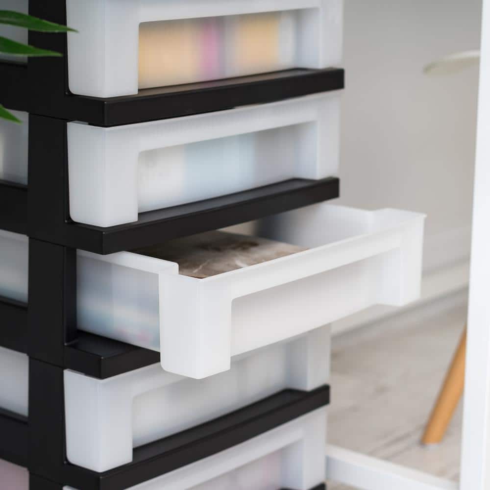Black 5-Drawer Plastic Storage Tower with Organizer Top