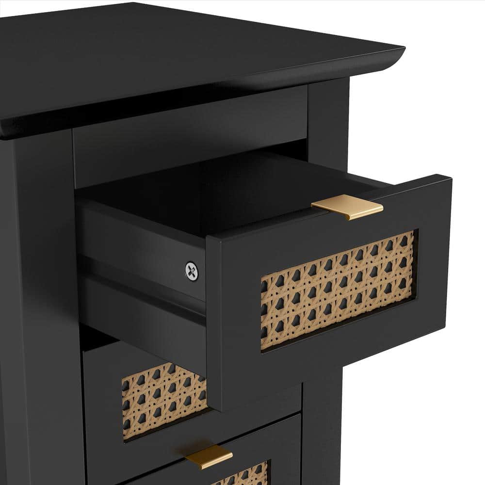 2-Piece Black 3-Drawer Wood Nightstand with Rattan-Woven Surfaces 15.7 in. 