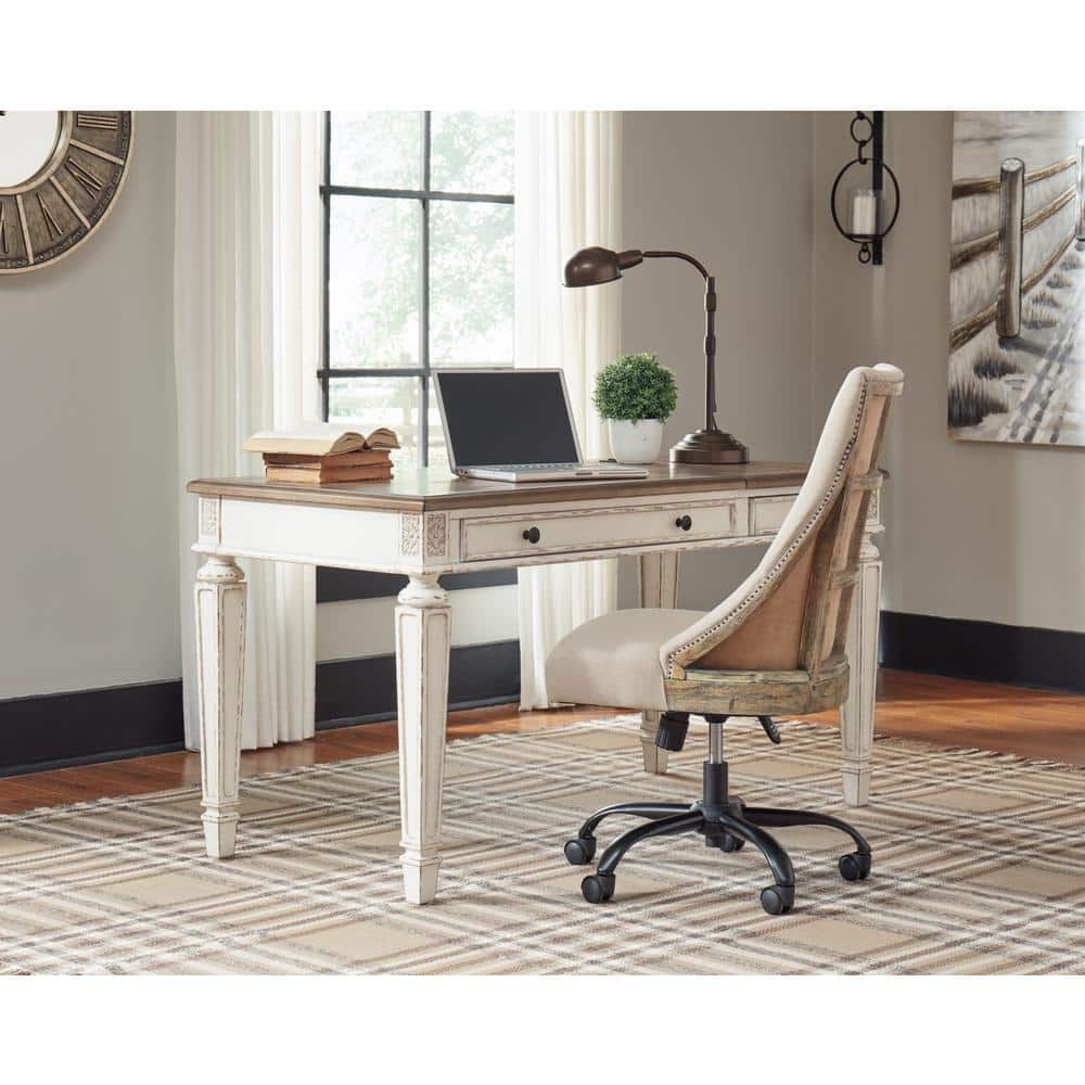 Rustic White & Brown Home Office Desk with Power Outlets and USB Ports