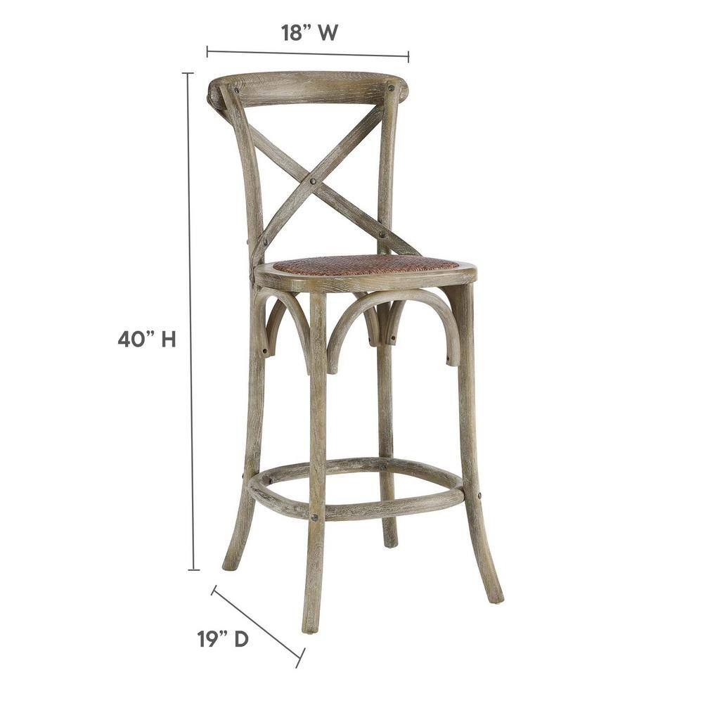 Farmhouse Charm Gray Elm Wood Counter Stool with Woven Rattan Seat